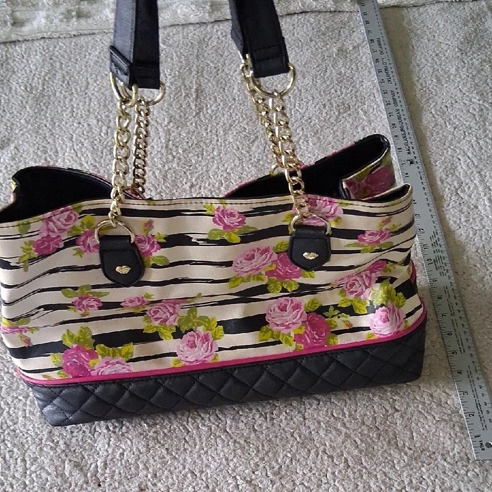 Betsey Johnson Black & Pink Floral Striped Satchel